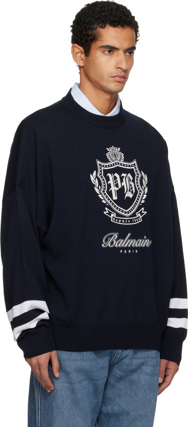 Sveter Balmain Crewneck Knit Sweater with College Emblem and Striped Cuffs Navy | FH0KE050KJ21, 1