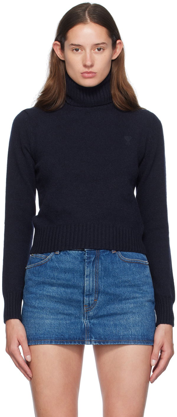 Sveter AMI Paris Navy Cashmere de Cœur Turtleneck Čierna | FKS457.005, 0
