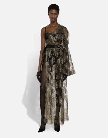 Šaty Dolce & Gabbana One-shoulder Lamé Chantilly Lace Dress Metalická | F6JRTTFLOARS0997, 2
