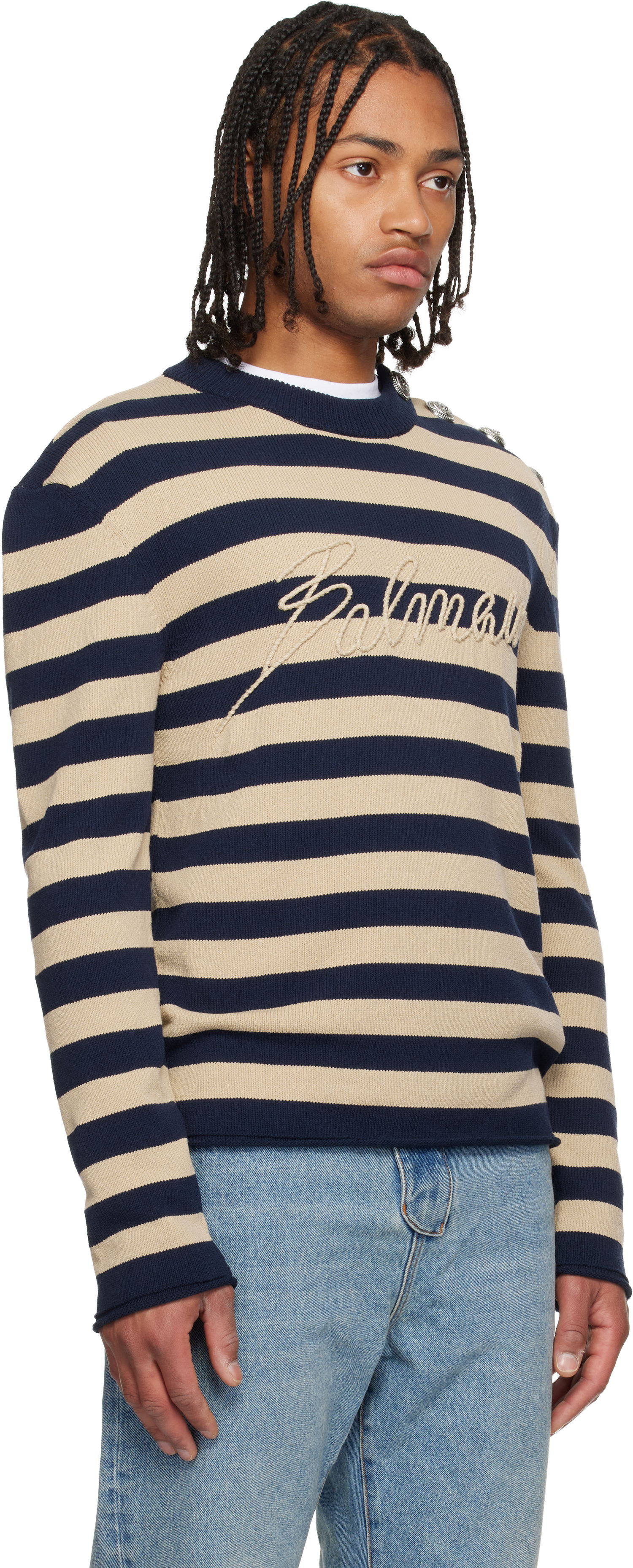 Sveter Balmain Balmain 'Balmain' Logo Striped Button-Shoulder Sweater Rôznofarebný | FH1KD165KI82, 1