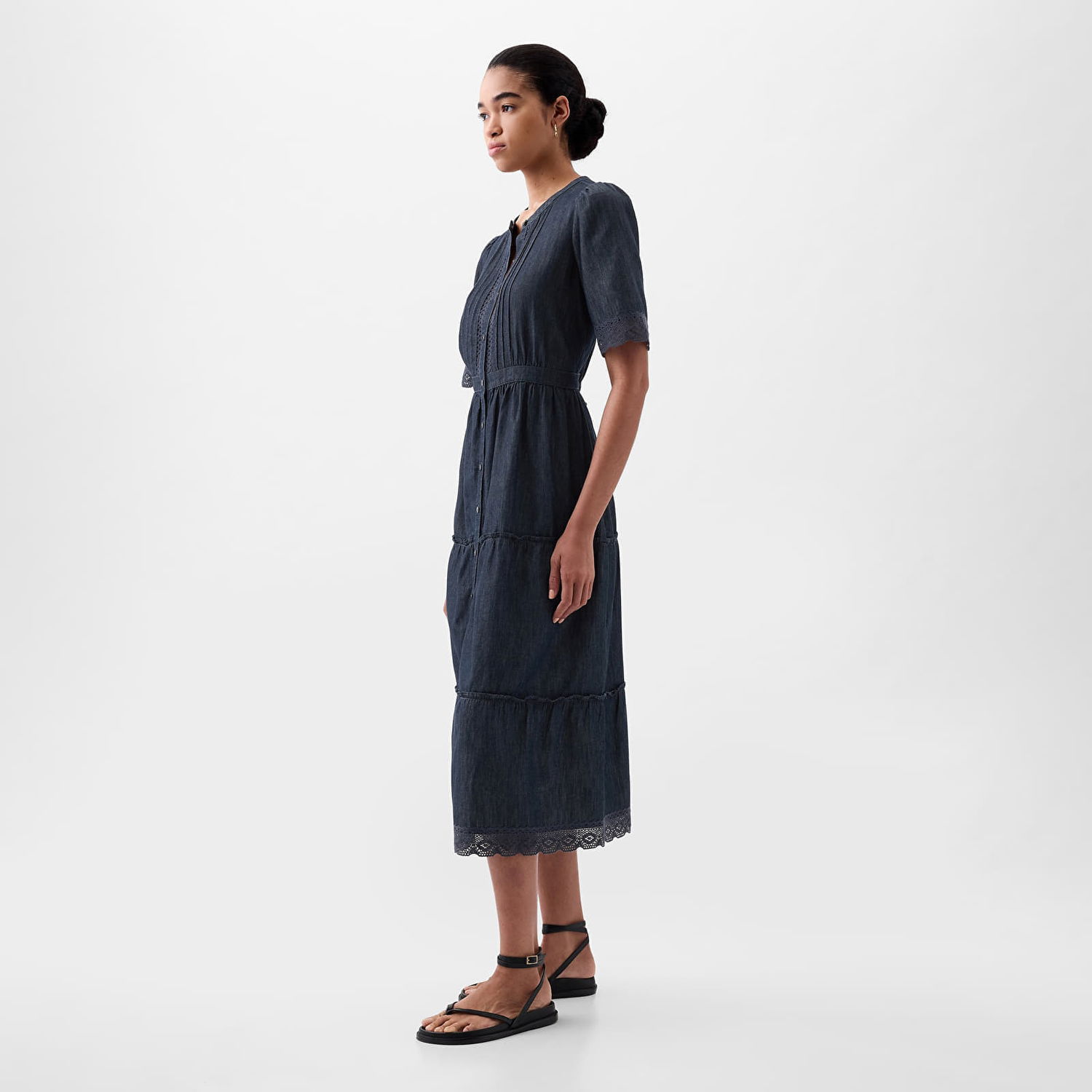 Šaty GAP Dresses Shortsleeve Lace Midi Dress Dark Wash Čierna | 873499-00, 1