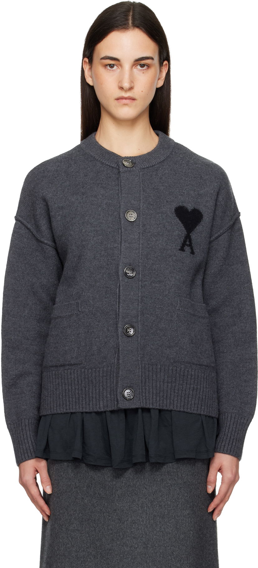 Sveter AMI Felted Merino Wool Knit Ami de Coeur Cardigan Šedá | H25UKC368.018