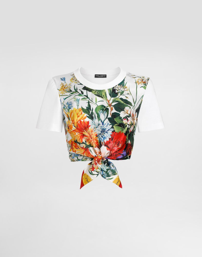 Crop Top Dolce & Gabbana Dolce & Gabbana Floral Tie-Front Crop T-Shirt Biela | F8V75ZGDDCHW0800