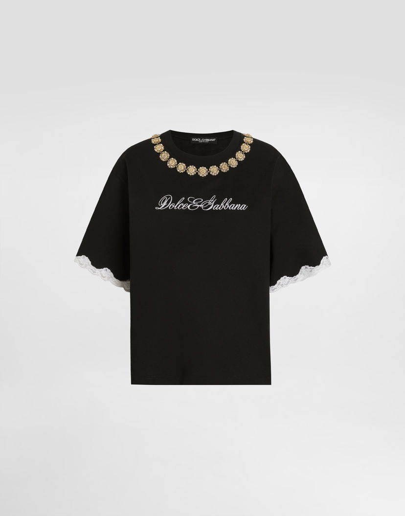 Tričko Dolce & Gabbana Dolce & Gabbana Jersey T-Shirt with Jewel Chain Embellishment Čierna | F8V62ZGDC9UN0000