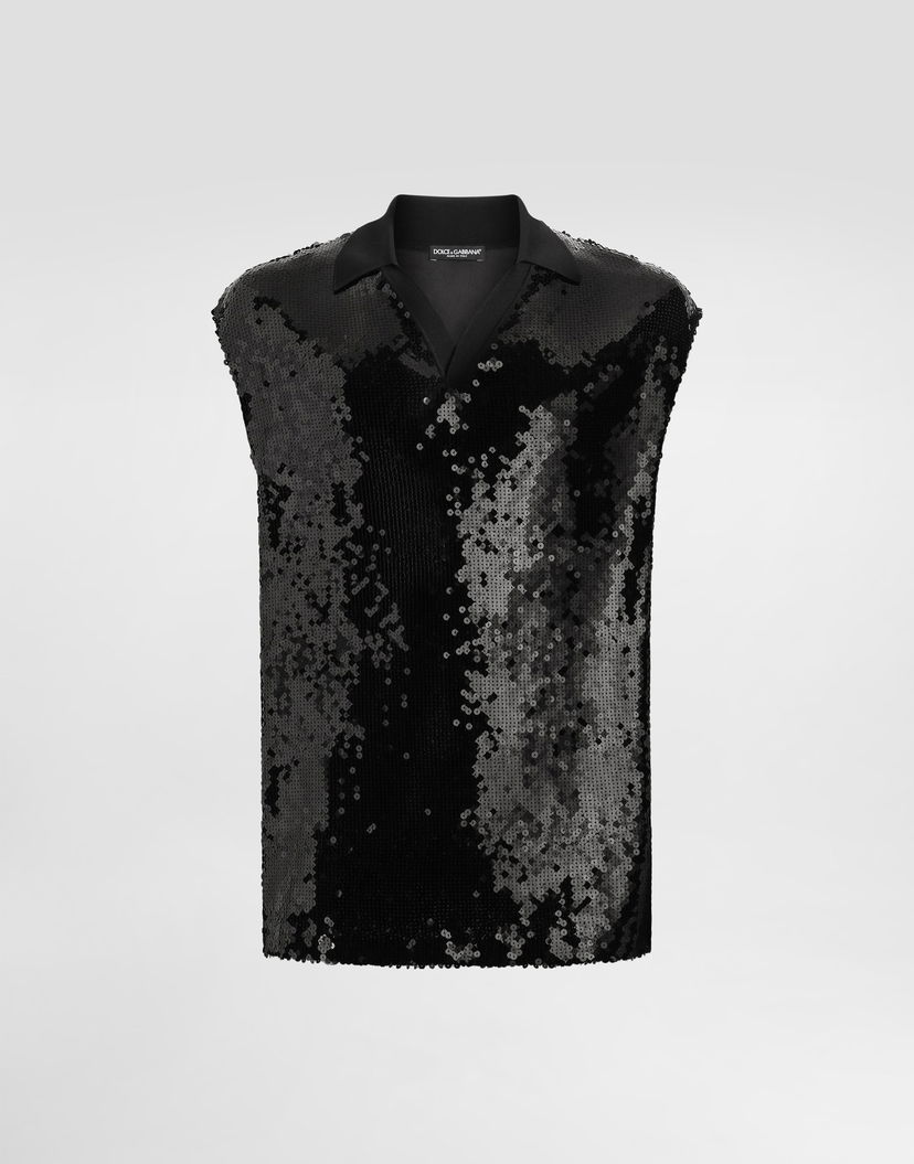 Polo tričko Dolce & Gabbana Dolce & Gabbana Men's Sequined Sleeveless Polo Čierna | G8ST8TFLSEPN0000