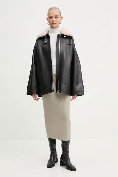 Bunda STAND STUDIO Stand Studio Emelia Oversized Faux Leather Jacket with Faux Shearling Collar Čierna | 62271.7540, 1