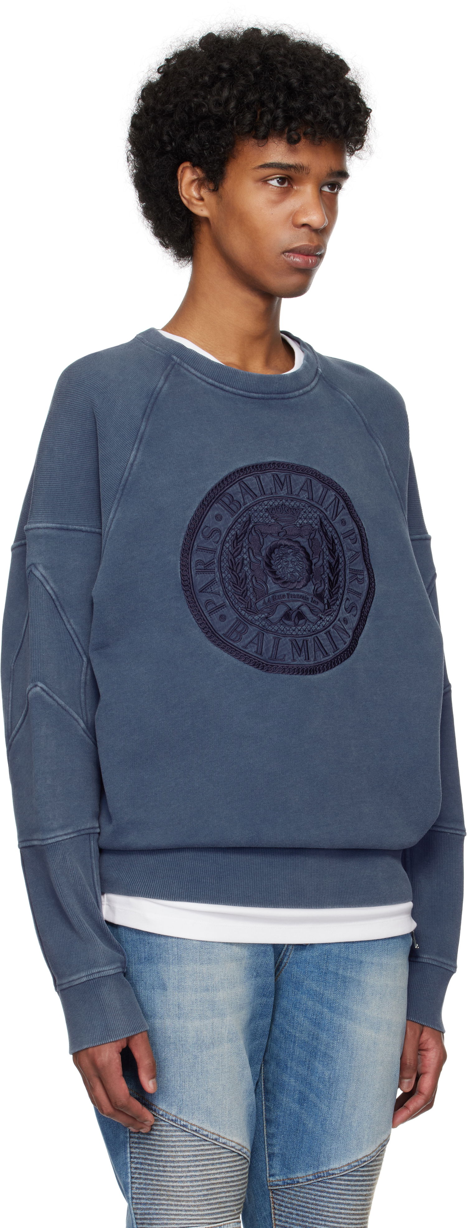 Sveter Balmain Balmain Ribbed Coin Embroidery Sweatshirt Modrá | EH1JS007BC89, 1