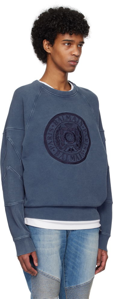 Sveter Balmain Balmain Ribbed Coin Embroidery Sweatshirt Modrá | EH1JS007BC89, 1