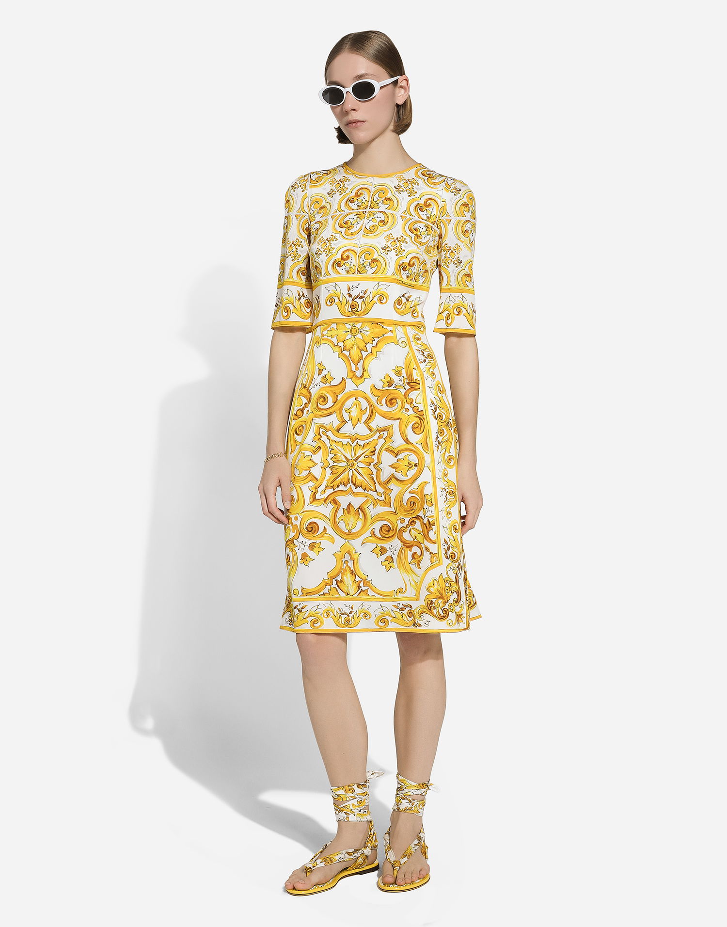 Šaty Dolce & Gabbana Majolica-print Silk Charmeuse Midi Dress Žltá | F6ADSTHPABLHG3TN, 1