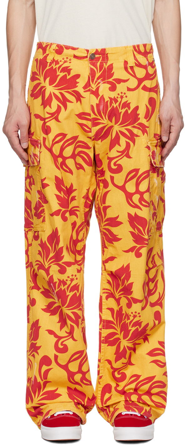 Cargo nohavice ERL Embroidered Floral Print Cargo Pants Žltá | ERL06P001, 0