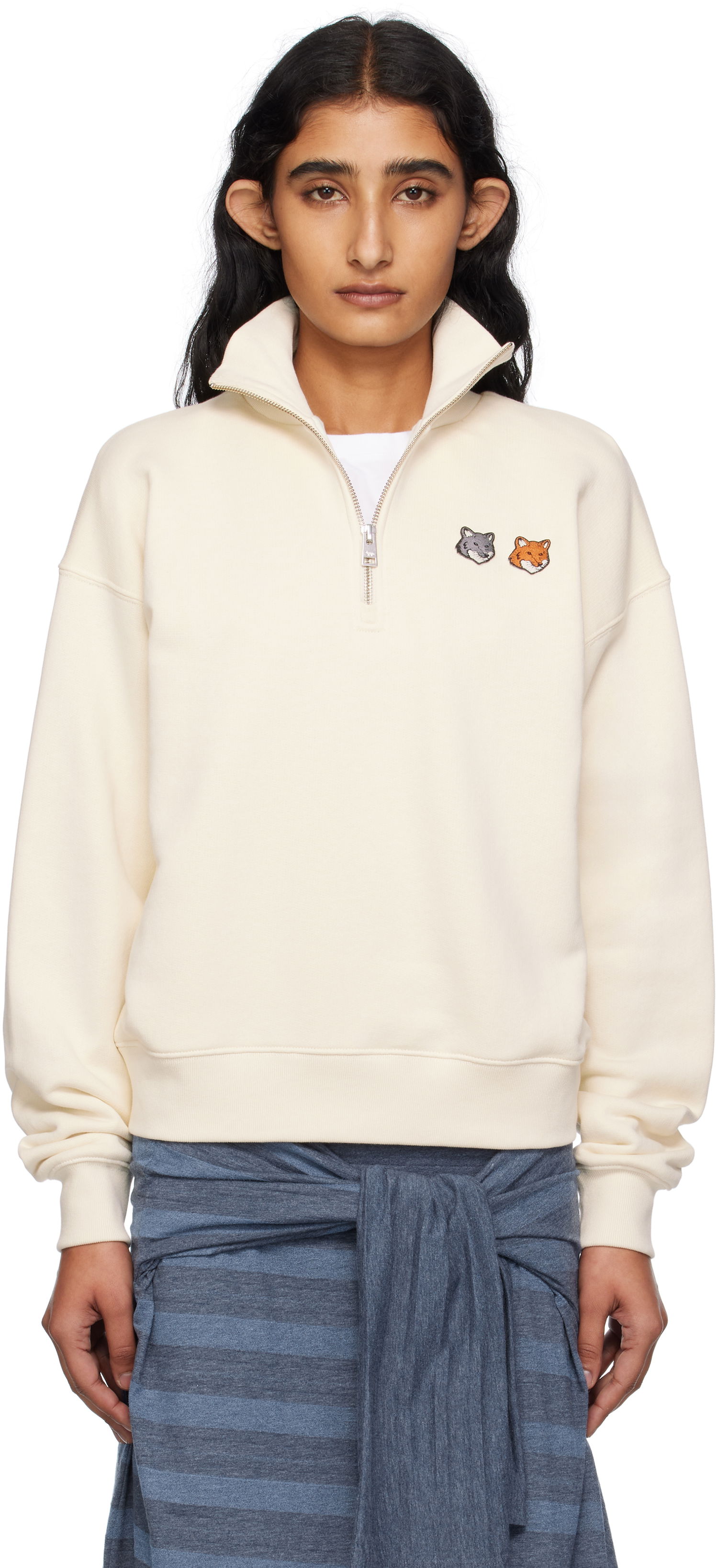 Mikina MAISON KITSUNÉ Maison Kitsuné Double Fox Head Half Zip Sweatshirt Béžová | OW211CFKM0321, 0