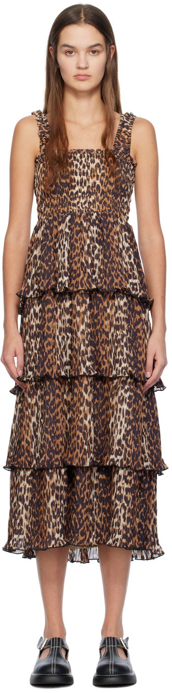 Šaty GANNI Ganni Printed Smocked Midi Dress Hnedá | F8861, 0