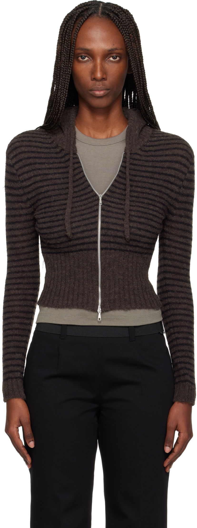 Mikina OUR LEGACY Striped Cropped Full-Zip Knit Hoodie Hnedá | W4253CD