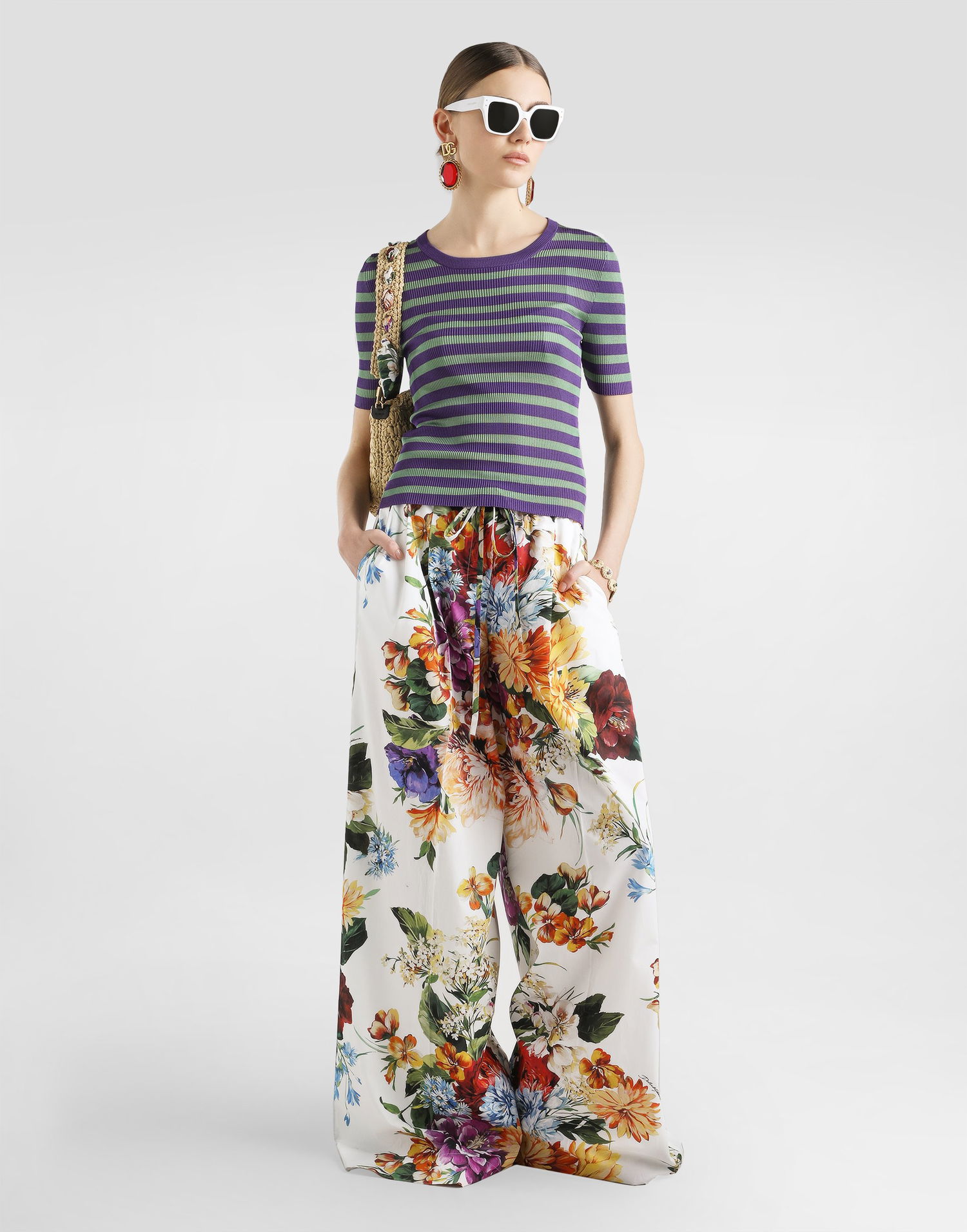 Nohavice Dolce & Gabbana Dolce & Gabbana Flower Bouquet-Print Poplin Trousers Rôznofarebný | FTDCOTHS5TRHA5PC, 1