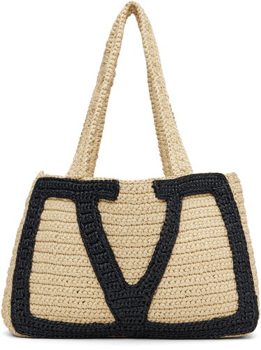 Tote bag Valentino Garavani Viva Superstar Medium Raffia V-Design Shopping Tote Béžová | 7W2B0S11QET, 0
