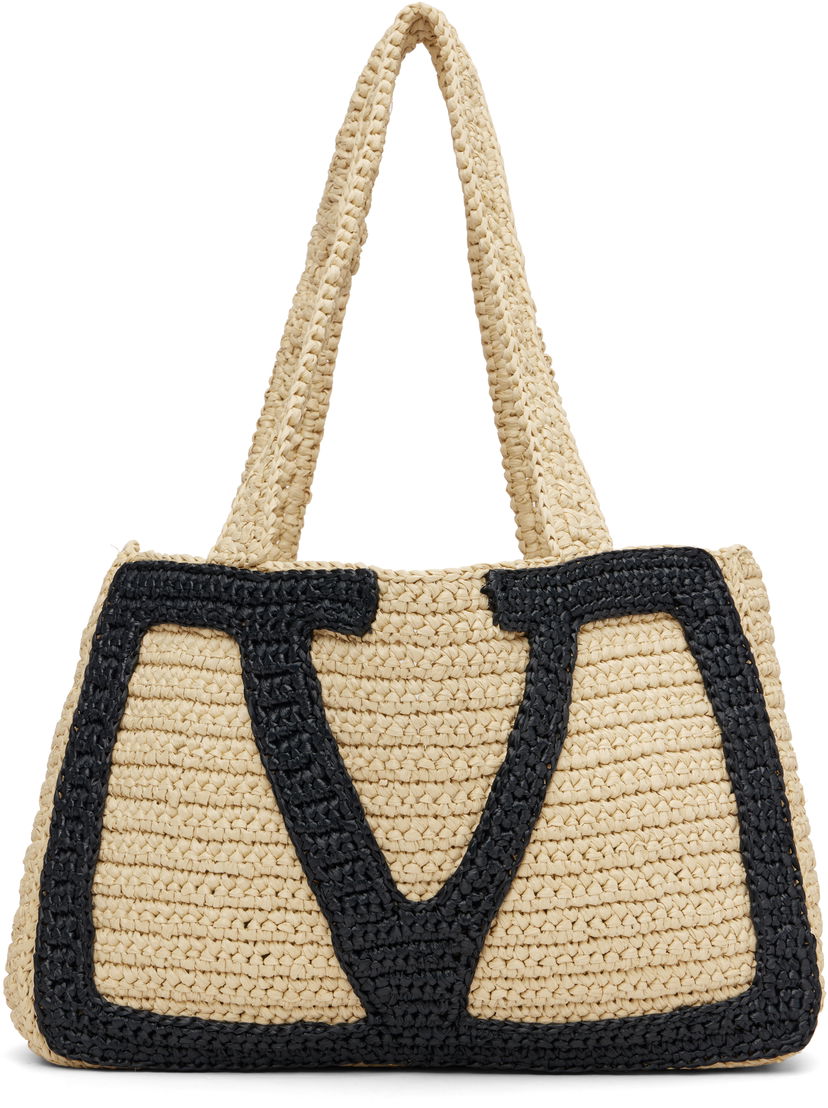 Tote bag Valentino Garavani Viva Superstar Medium Raffia V-Design Shopping Tote Béžová | 7W2B0S11QET