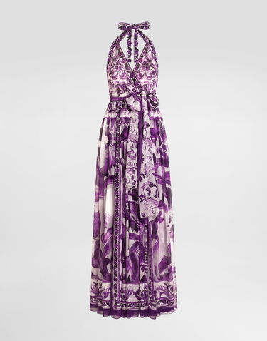 Šaty Dolce & Gabbana Dolce & Gabbana Majolica-Print Halter Neck Chiffon Dress Fialová | F6TYTTHI1BXIP3TN, 0