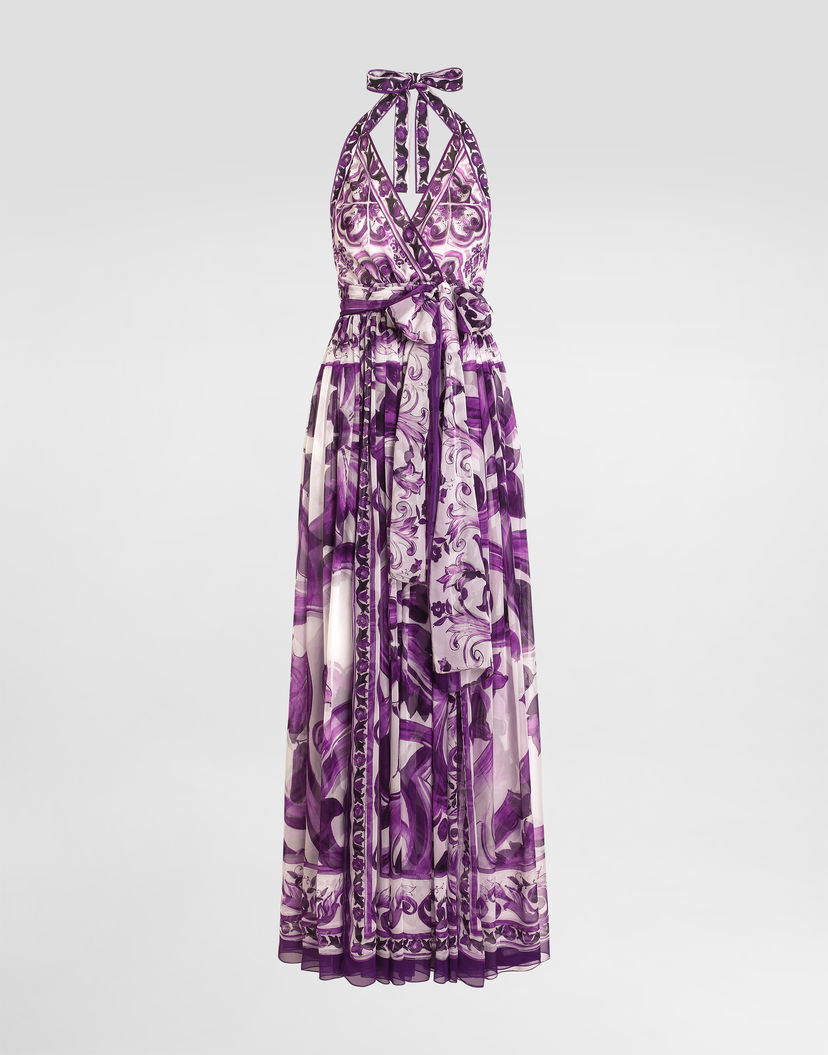 Šaty Dolce & Gabbana Dolce & Gabbana Majolica-Print Halter Neck Chiffon Dress Fialová | F6TYTTHI1BXIP3TN