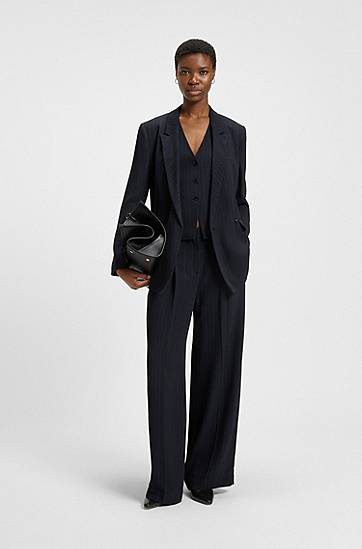 Nohavice BOSS Pinstripe Wide-Leg Extra Long Trousers Navy | 50548479, 1
