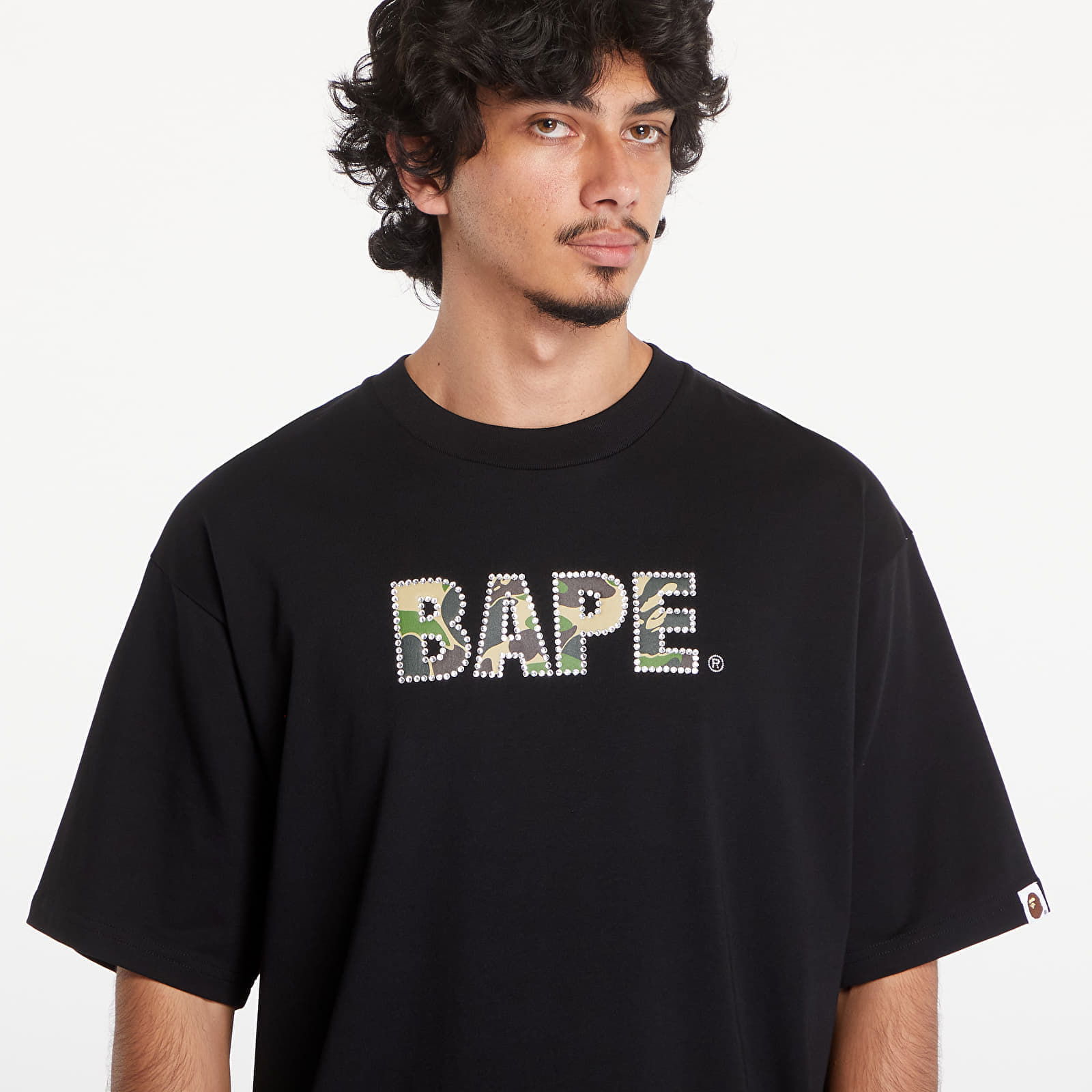 A BATHING APE Rhinestone Logo Relaxed Fit Short Sleeve Tee Black