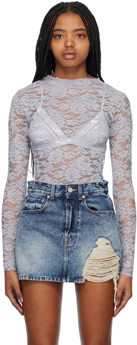 Tričko We11done Lace Mock Neck Top Modrá | WD-BL1-23-129-W-GY, 0