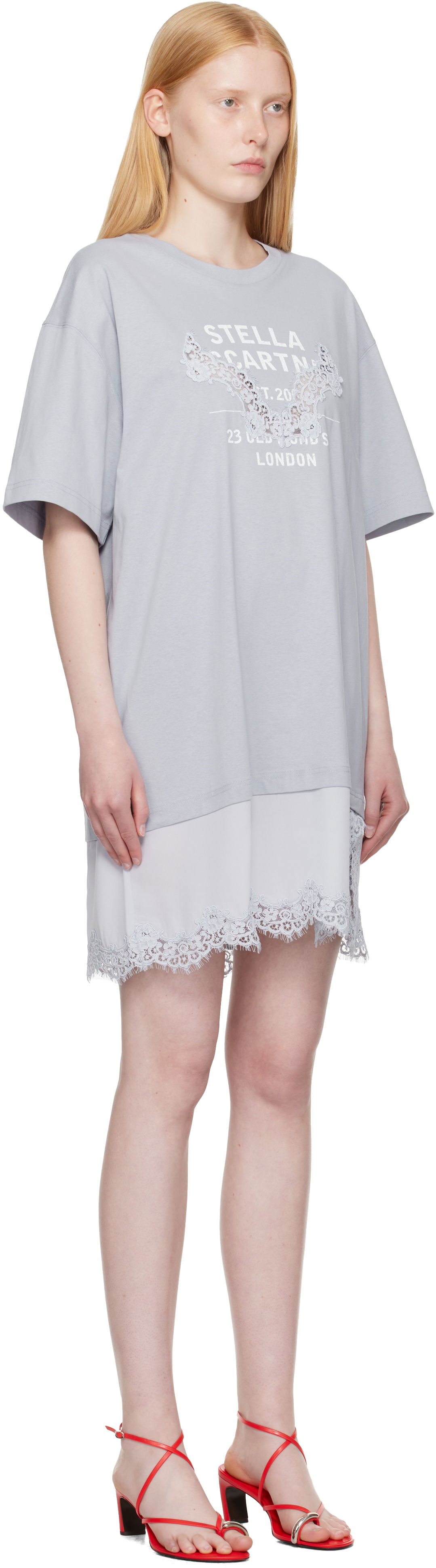 Šaty Stella McCartney Stella McCartney Lace-Insert Graphic T-Shirt Minidress Šedá | 6J04063SPZ99, 1