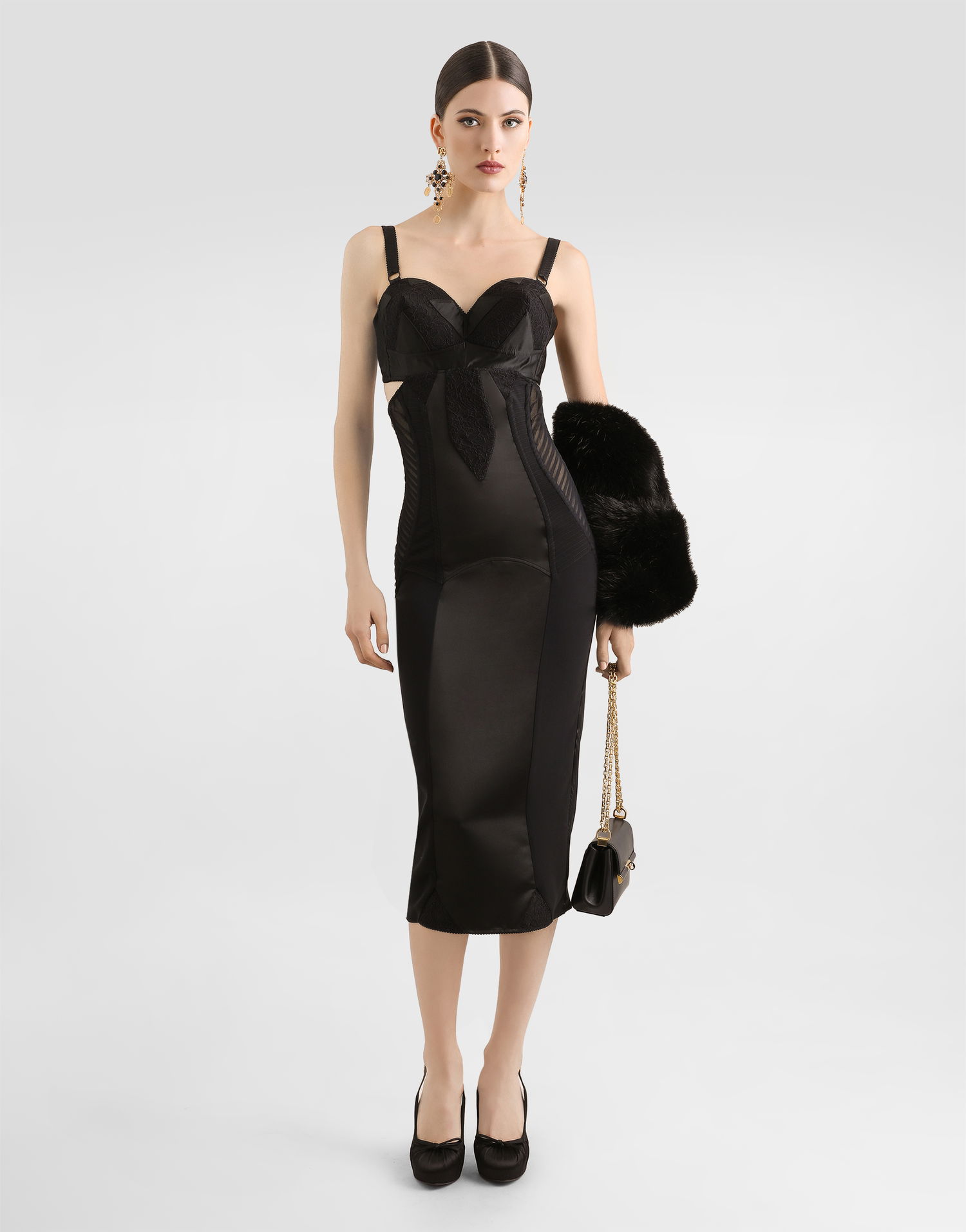 Šaty Dolce & Gabbana Dolce & Gabbana Calf-Length Satin and Lace Corset Dress Čierna | F6TTWTGDC4XN0000, 1