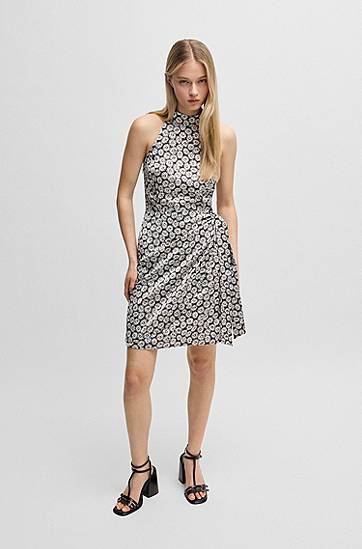 Šaty BOSS Daisy-Print Halterneck Wrap Dress Čierna | 50537023, 1