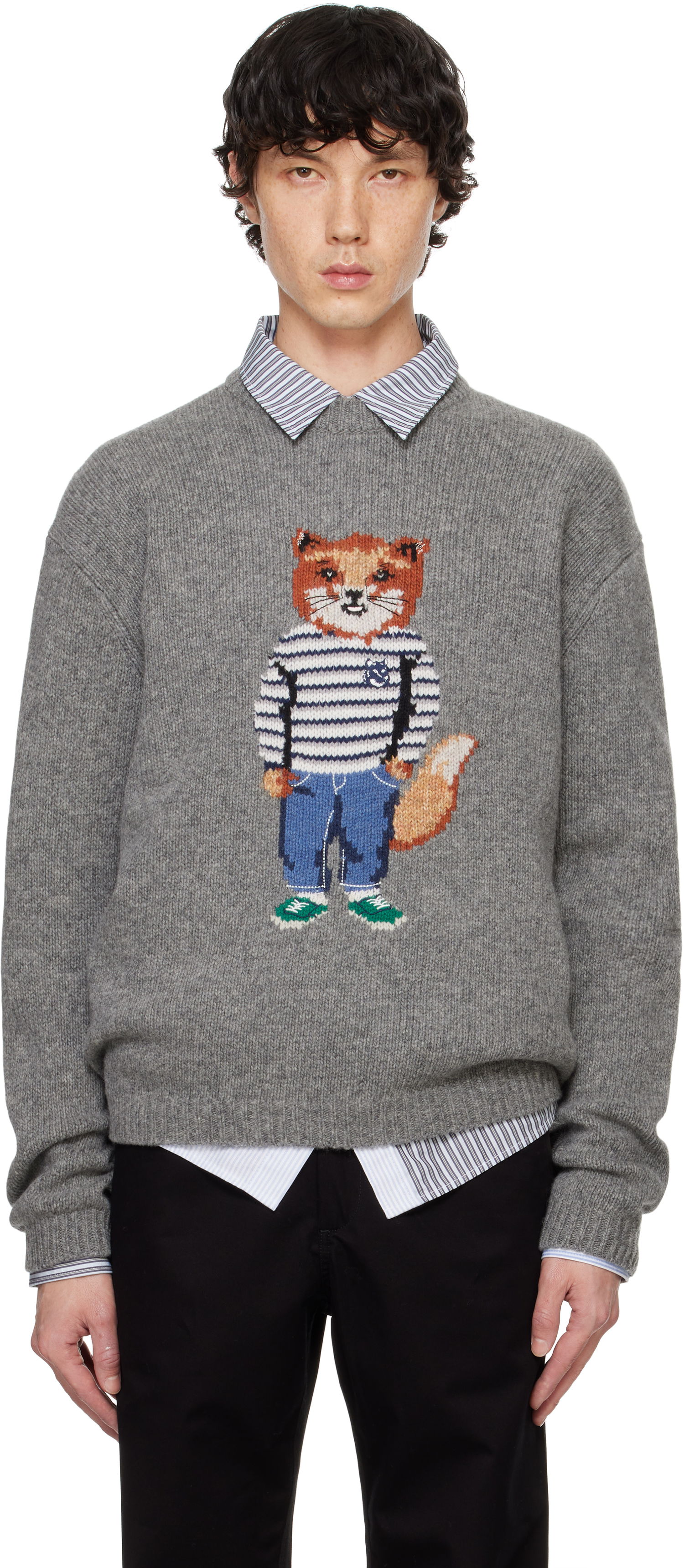 Sveter MAISON KITSUNÉ Dressed Fox Intarsia Sweater Šedá | NM00809KH0002, 0