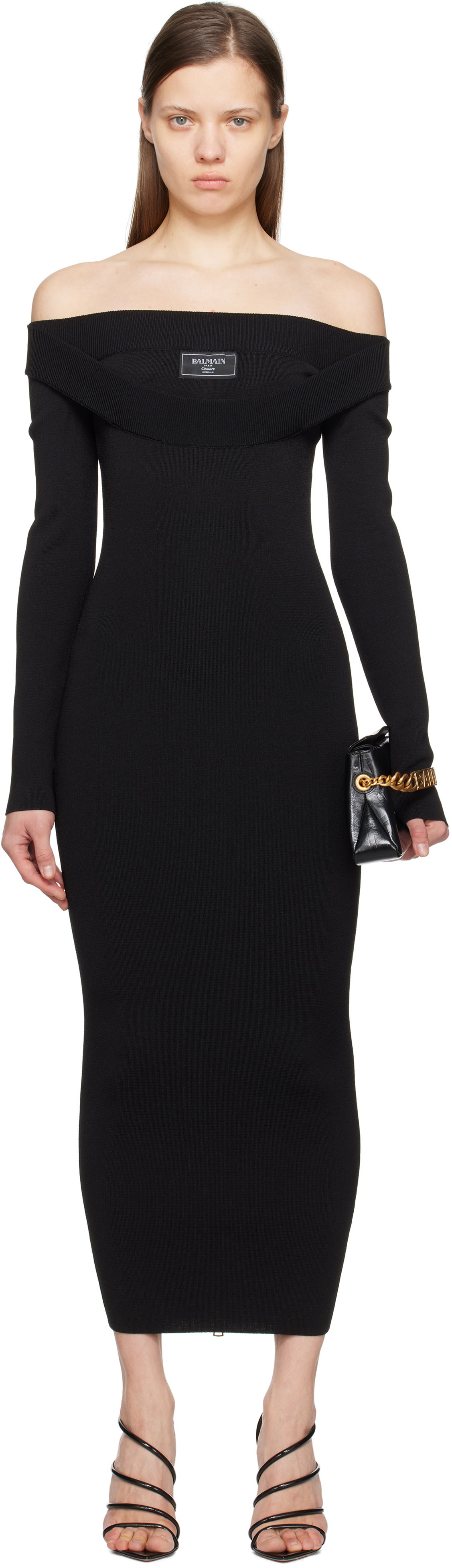 Šaty Balmain Balmain Plain Knit Off-The-Shoulder Maxi Dress Čierna | EF1RL109KH82, 0