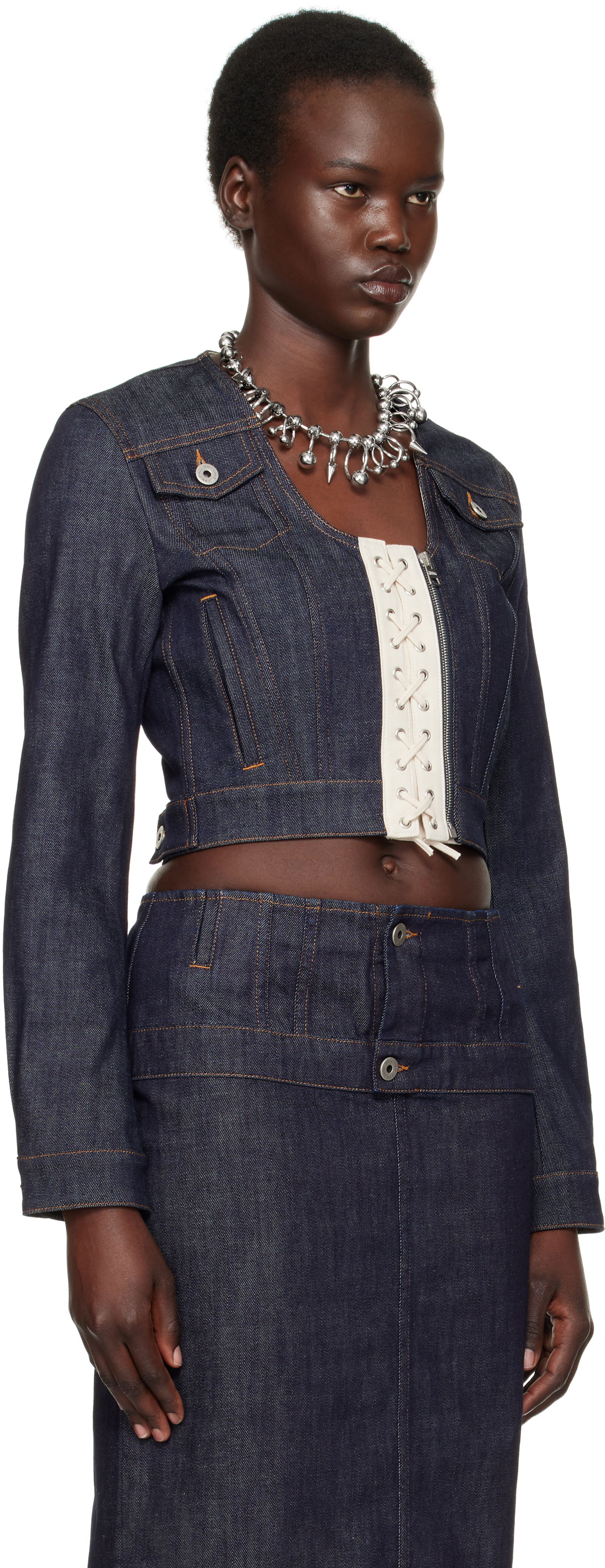 Bunda Jean Paul Gaultier Jean Paul Gaultier 'The Contrasting Lace-Up' Cropped Denim Jacket Modrá | 25/33-F-VE085-D019-5568, 1