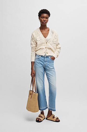 Sveter BOSS Open-Knit Cotton-Blend Cardigan Biela | 50538316, 1