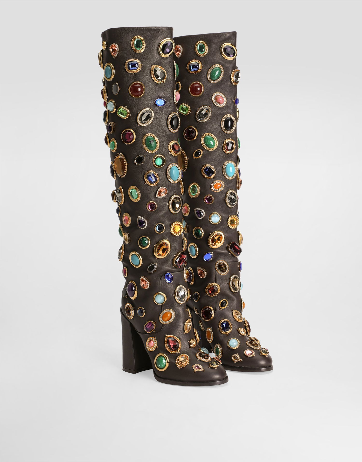 Doplnky Dolce & Gabbana Dolce & Gabbana Calfskin Knee-High Boots with Jewels Hnedá | CU1225AP4558R205, 1