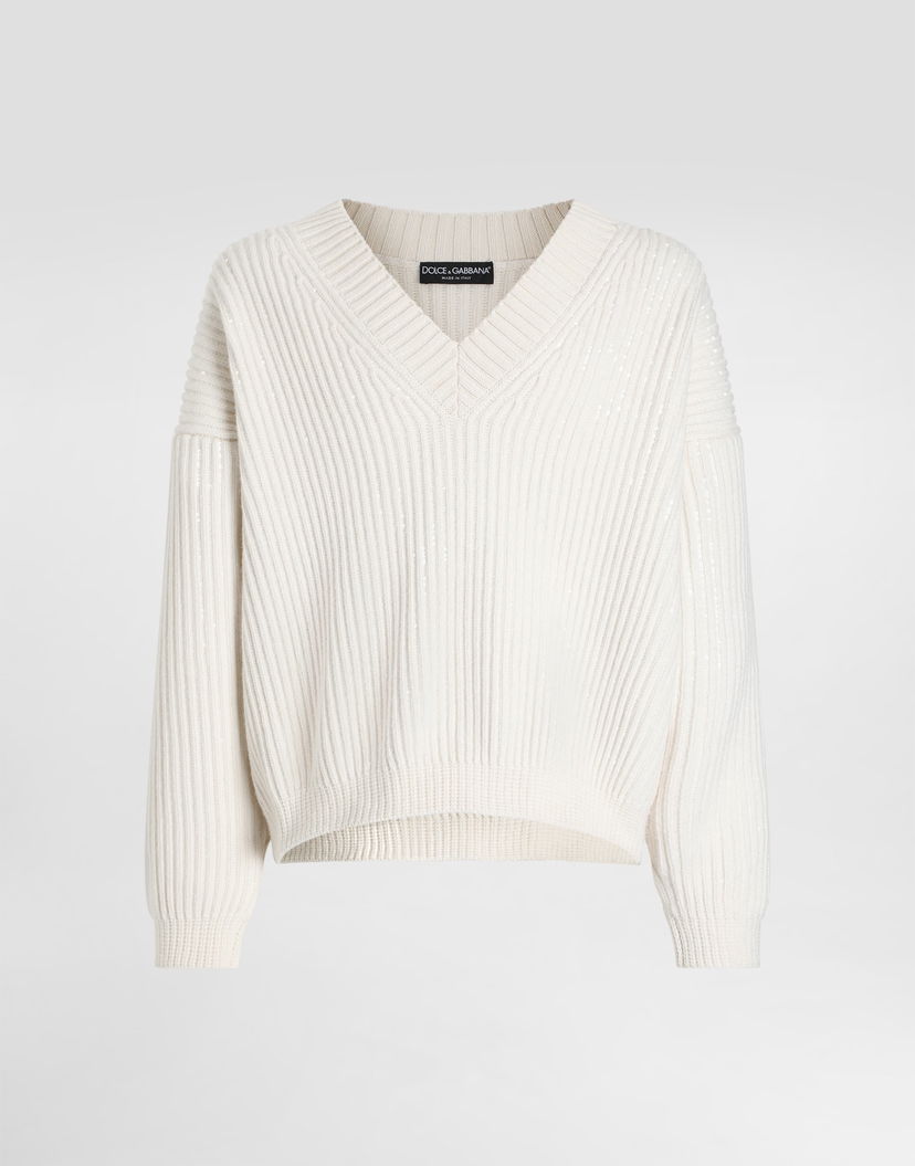 Sveter Dolce & Gabbana Dolce & Gabbana Ribbed V-Neck Sweater With Sequins Biela | GXY61ZJDVFQW0111
