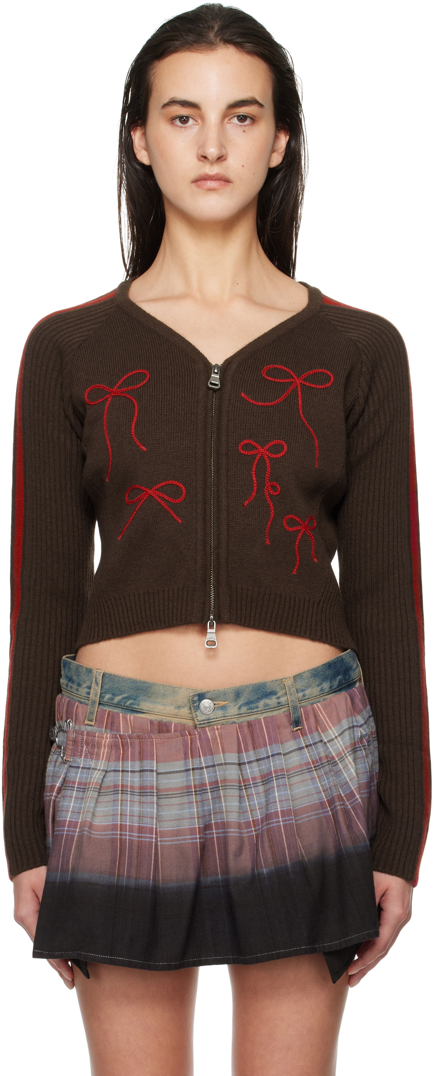 Sveter Andersson Bell Knit Cardigan With Ribbon Embroidery Hnedá | atb1197w, 0