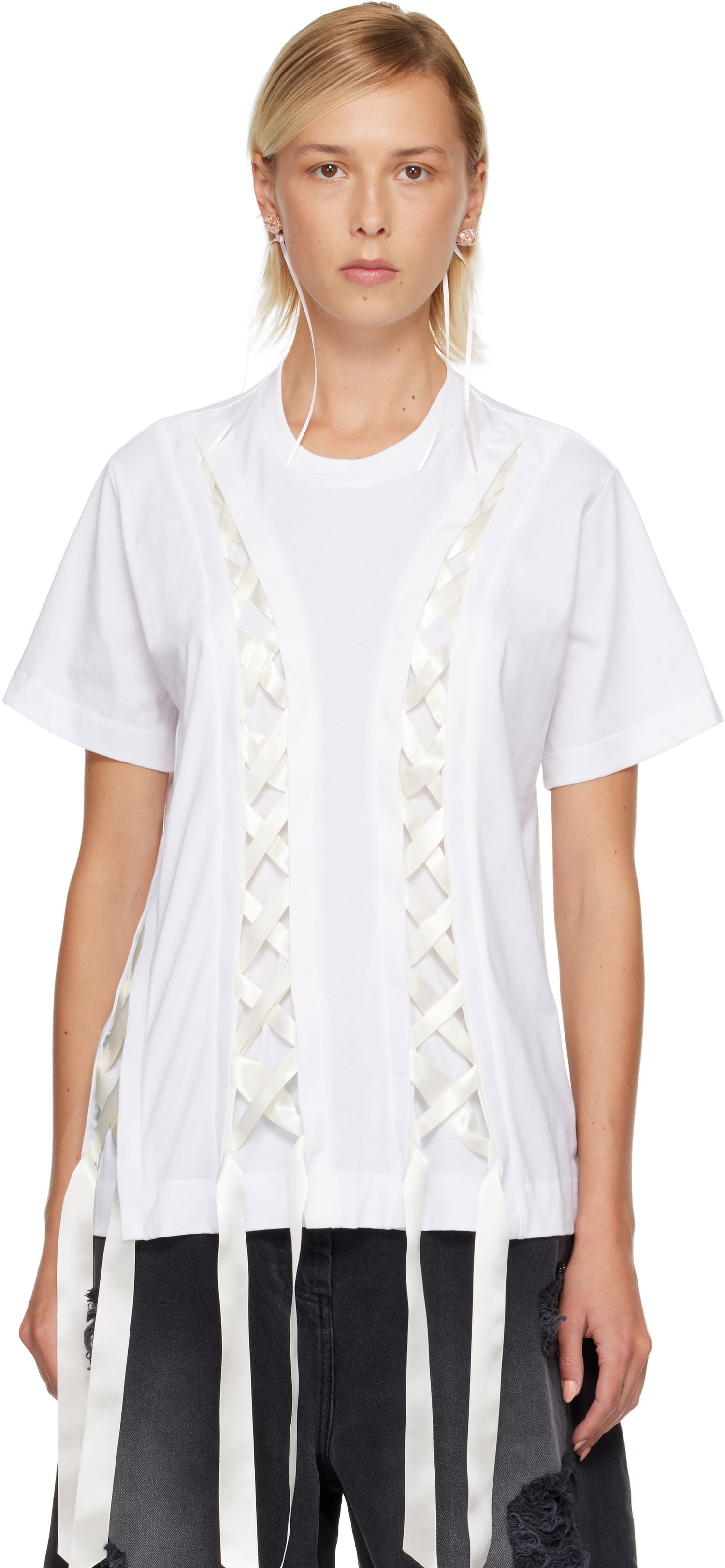 Tričko Simone Rocha Simone Rocha Unraveling Ribbon T-shirt Biela | 5368 0553, 0