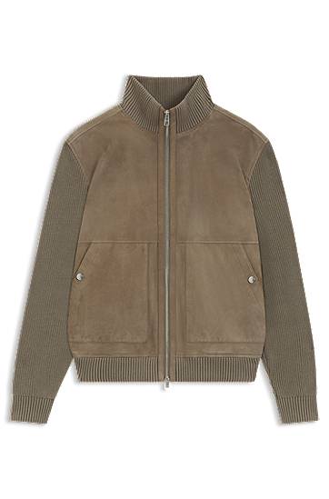 Bunda BOSS Suede jacket with cotton-blend sleeves Zelené | 50547673
