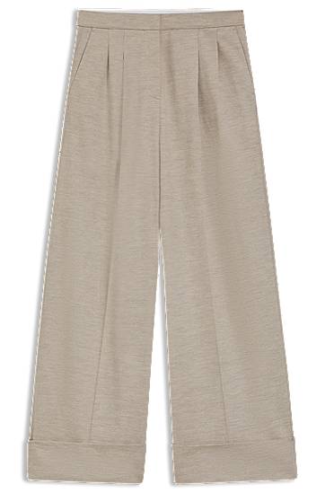 Nohavice BOSS Relaxed-fit pleated wide-leg trousers with cuffs in virgin wool Béžová | 50550804