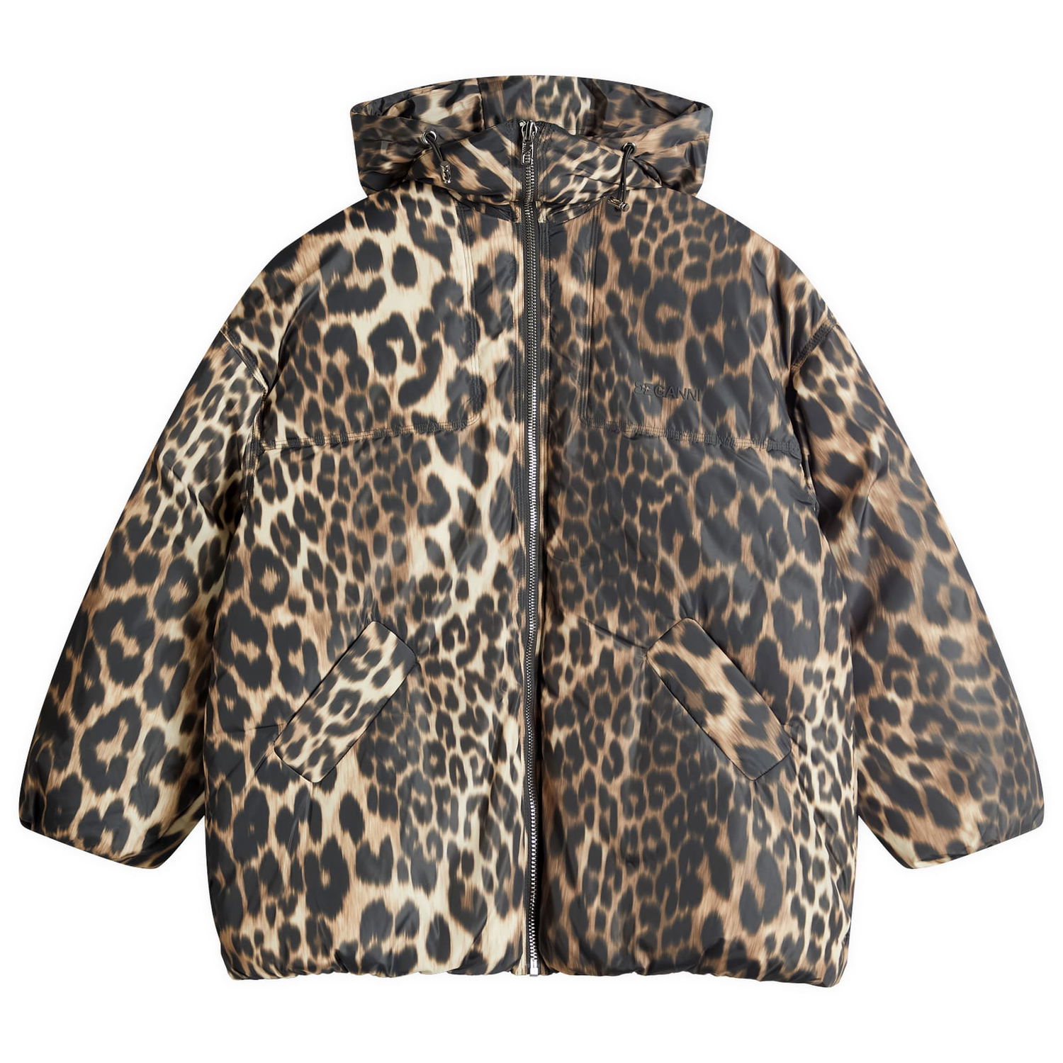 Prešívaná bunda GANNI GANNI Leopard Print Hooded Puffer Jacket Hnedá | W0115-859, 0