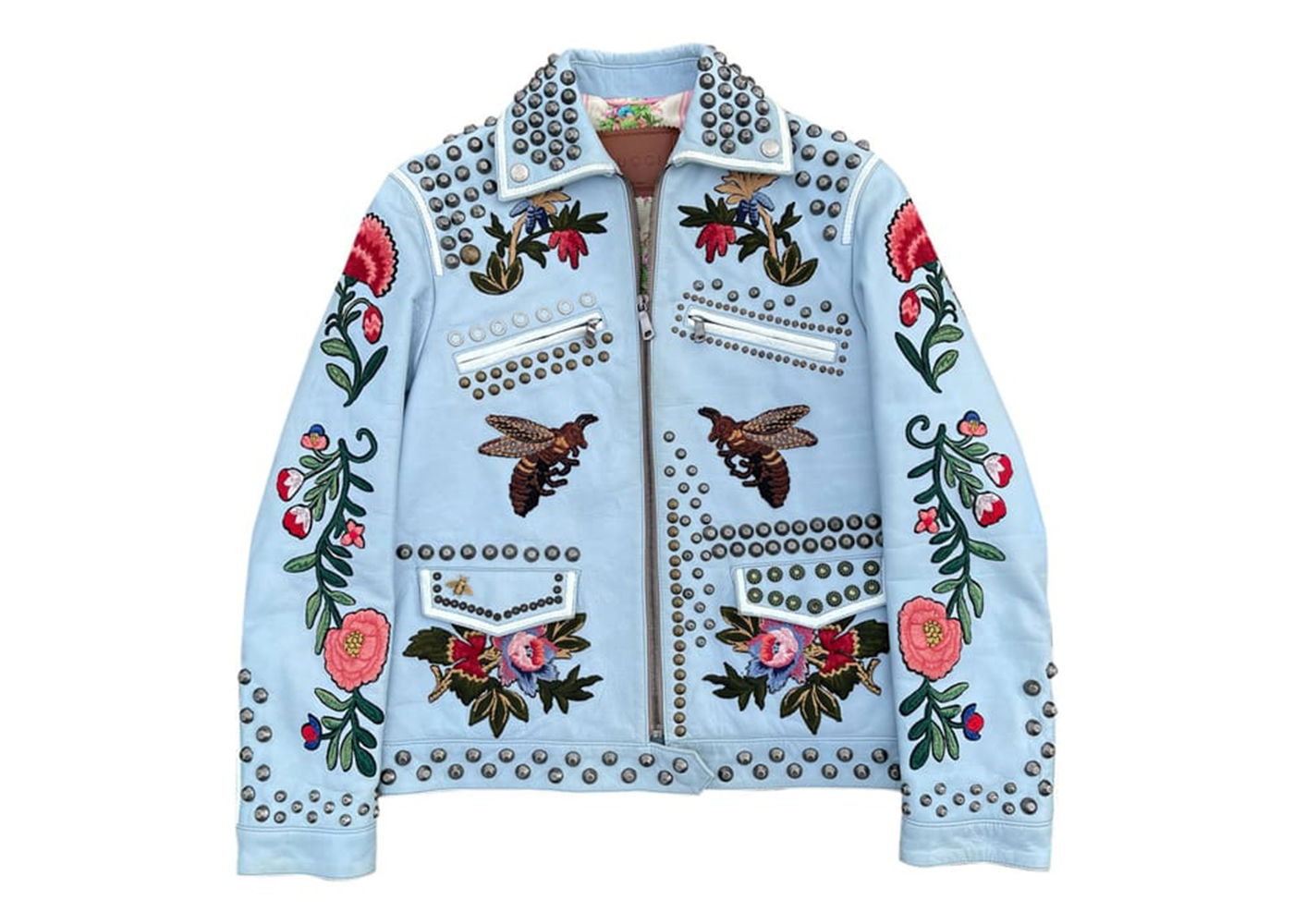 Bunda Gucci Floral Embroidered Leather Jacket Modrá | 419638 XG170, 0