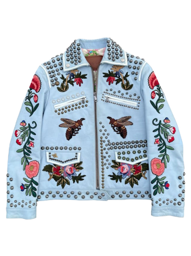Bunda Gucci Floral Embroidered Leather Jacket Modrá | 419638 XG170