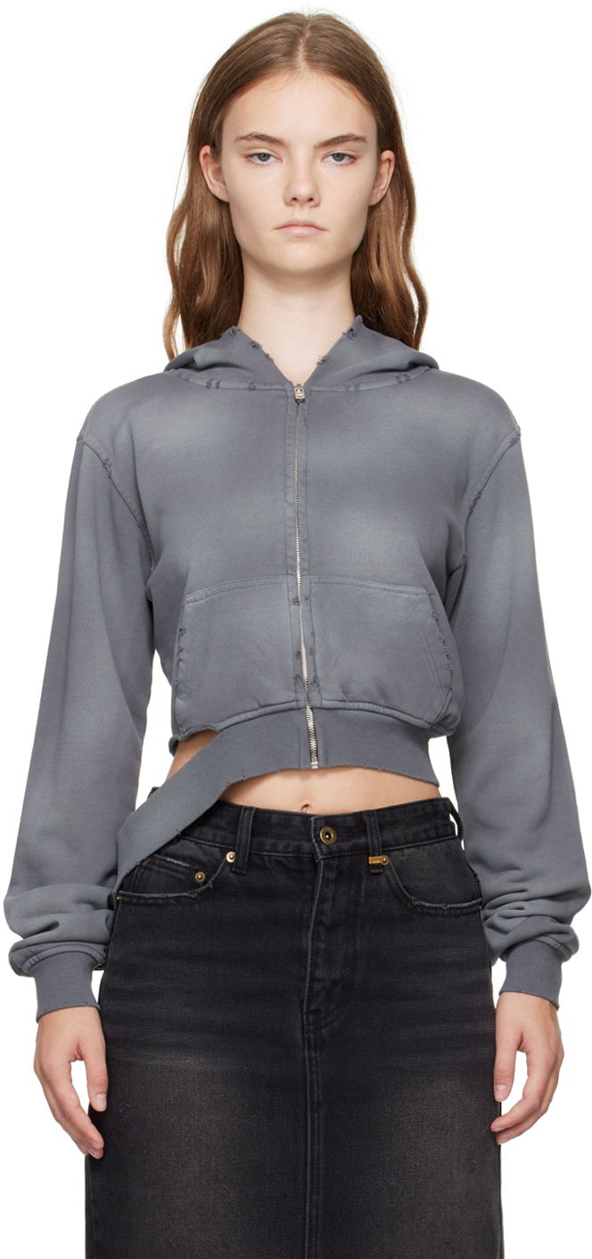 Mikina We11done We11done Distressed Zip-Up Cropped Hoodie Šedá | WD-TJ2-24-808-W-CH, 0