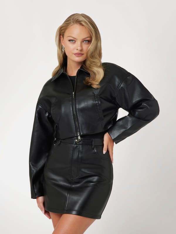 Bomber bunda GUESS Cropped Faux Leather Jacket Čierna | W4PN68WF8P0, 0