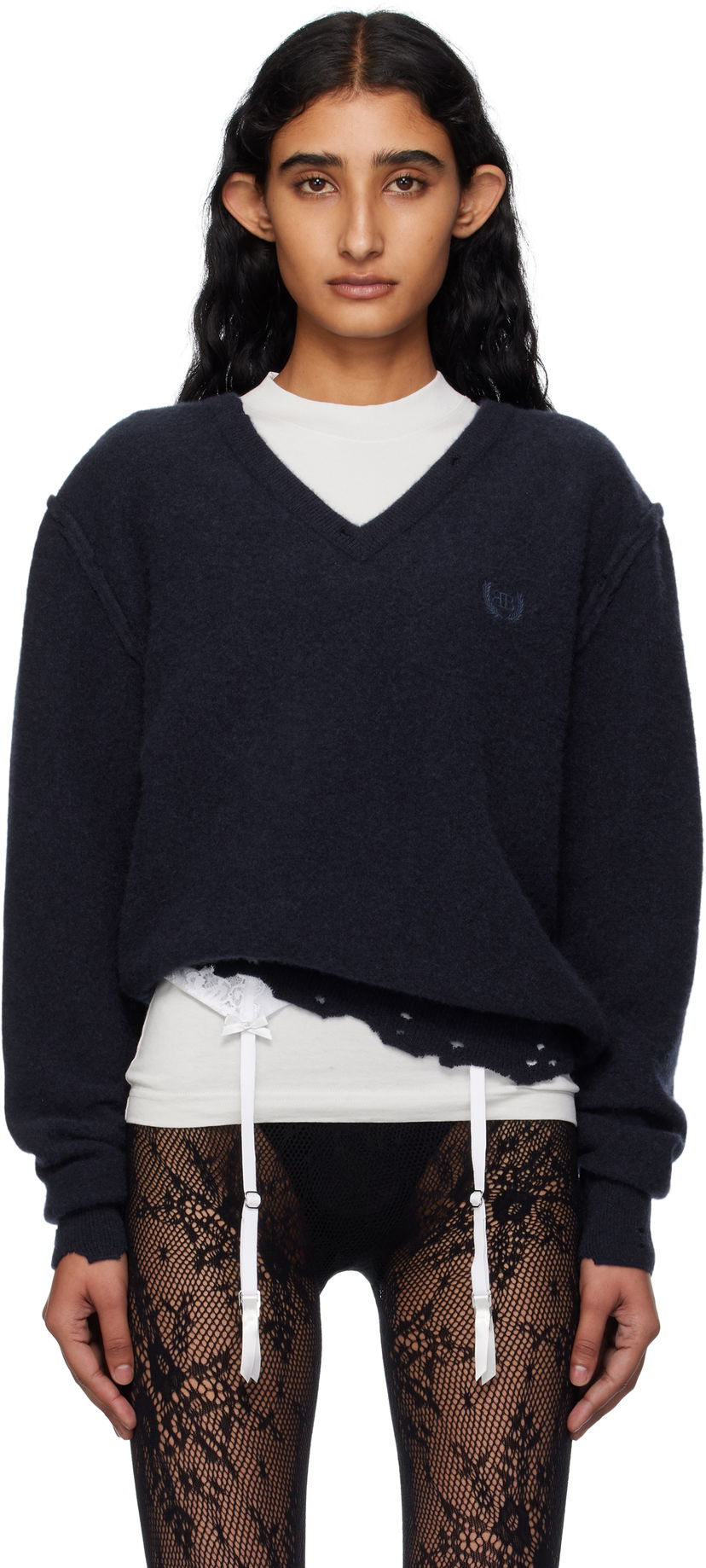 Sveter Balenciaga Balenciaga Laurel Classic Inside-Out V-Neck Sweater Navy | 828163T4149