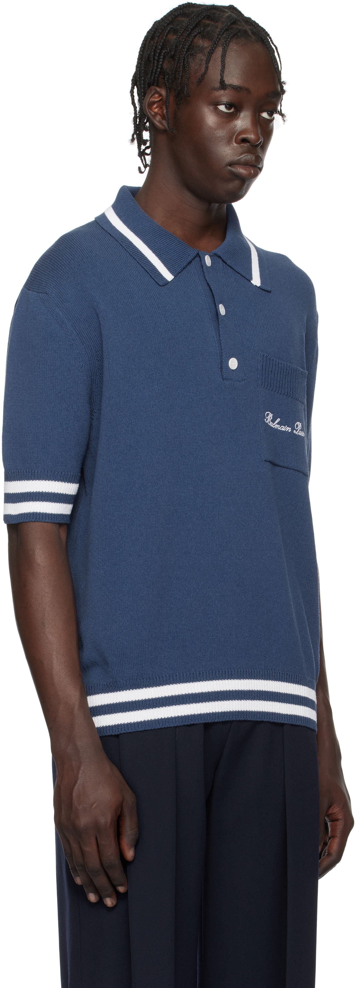 Polo tričko Balmain Cotton-Blend Knit Polo Shirt Modrá | EH1GB046KF96, 1
