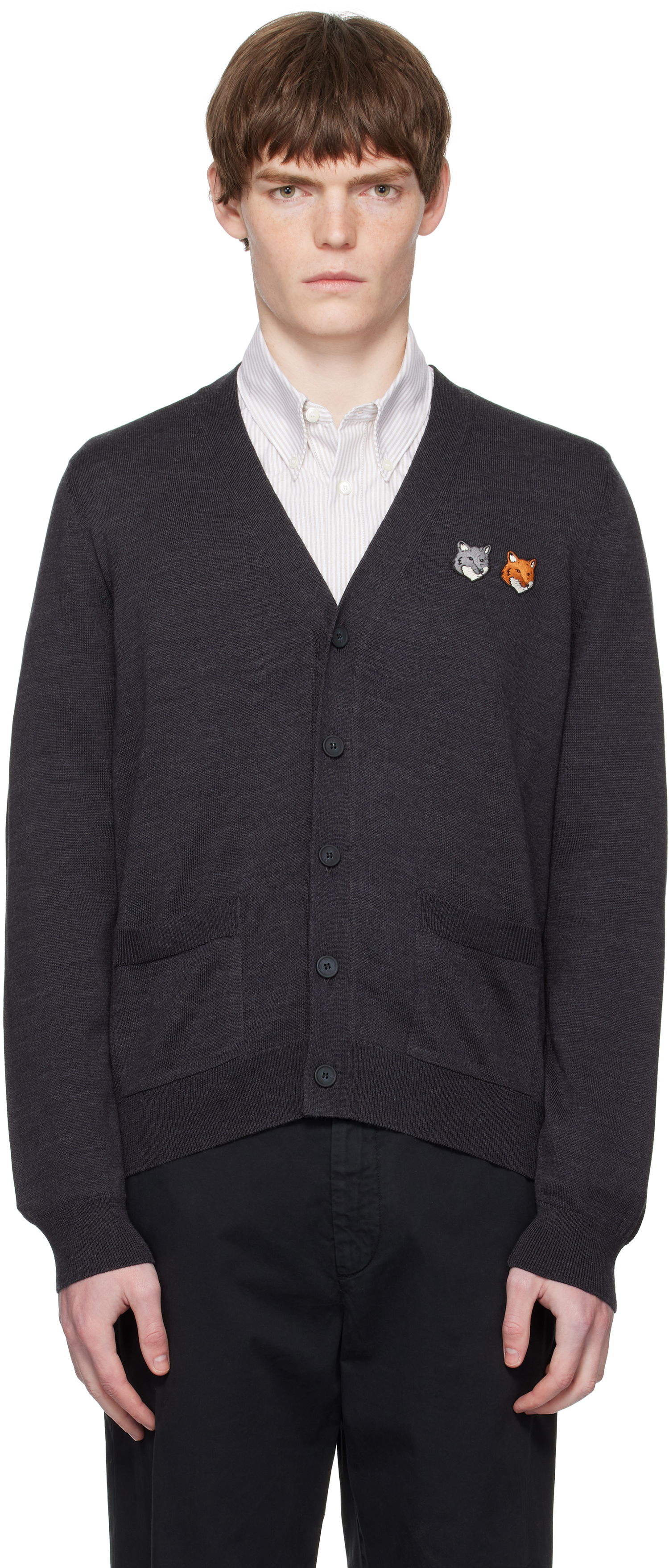 Sveter MAISON KITSUNÉ Double Bold Fox Head Patch Regular Cardigan Šedá | OM051CFKT1036, 0