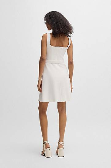 Šaty BOSS Square Neck Belted A-Line Dress Biela | 50537631, 1