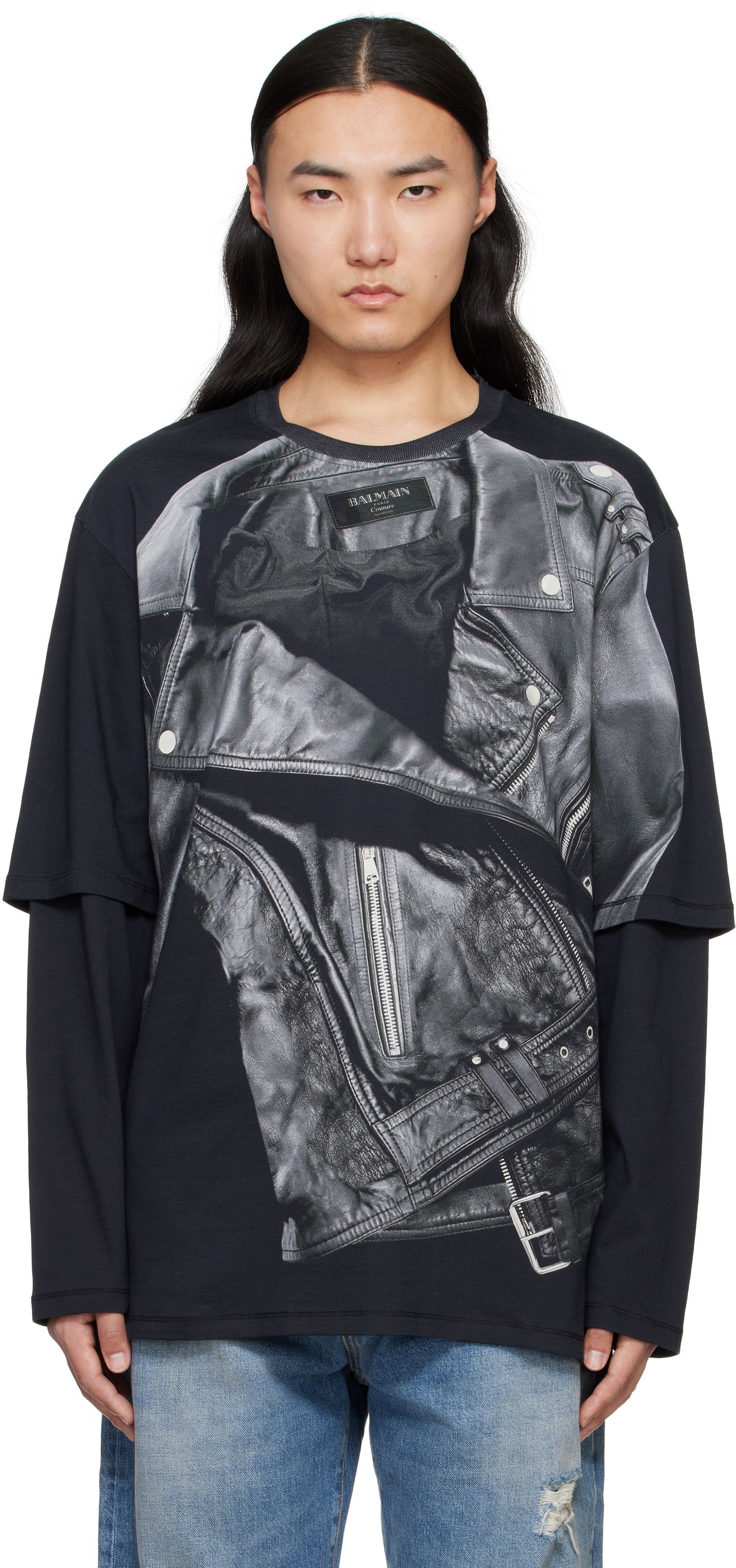 Tričko Balmain Balmain Long Sleeve Biker Jacket Graphic T-Shirt Čierna | EH1EM016GE40, 0