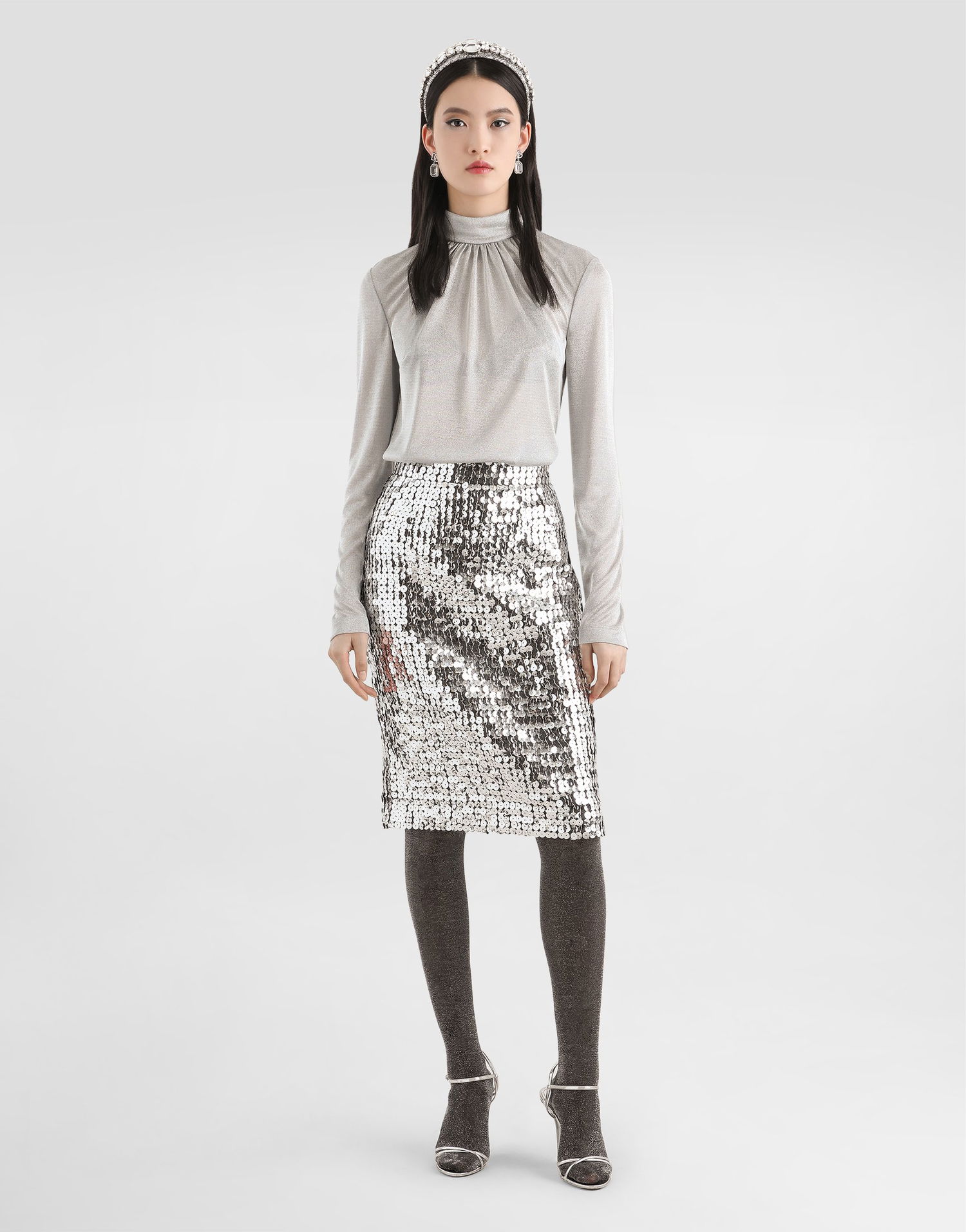 Dres Dolce & Gabbana Lamé Jersey Ruched Mock Neck Top Metalická | F7BD6THU7WCS0998, 1