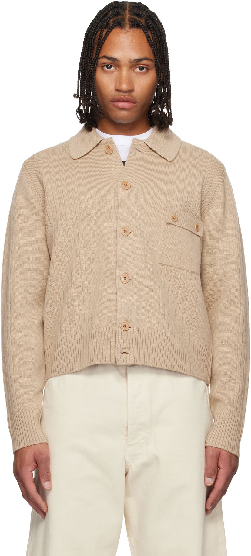 Sveter Dries Van Noten Collared Rib Knit Wool Cardigan with Patch Pocket Béžová | 252-021215-2707